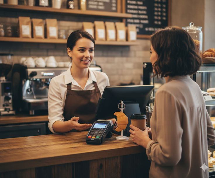 Barista serving a customer at a small cafe counter